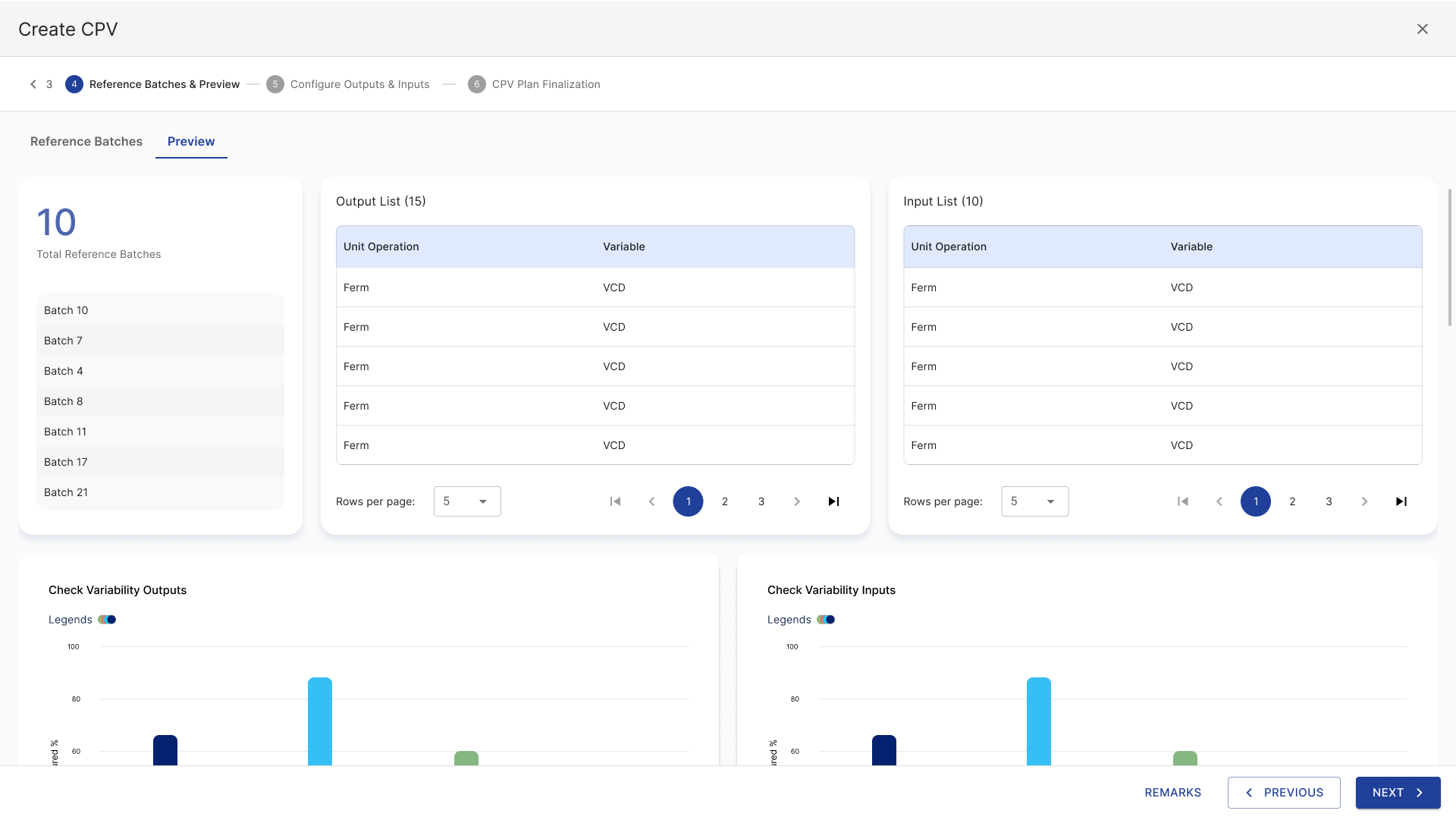 Create CPV wizard, step 4 preview tab: reference batch list, output and input lists and variability checks