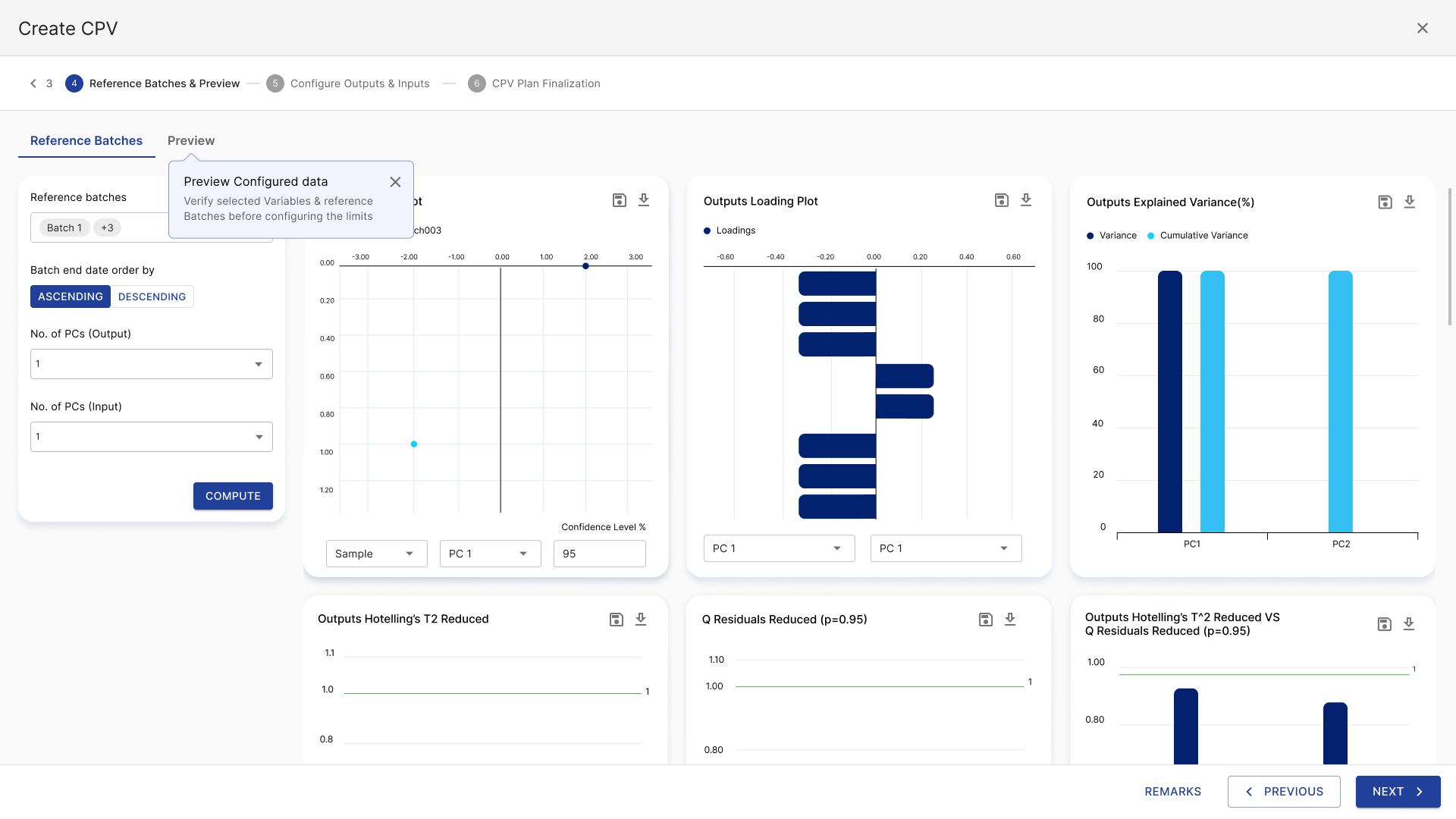 Create CPV wizard, step 4: reference batch settings next to PCA, loadings and explained variance charts