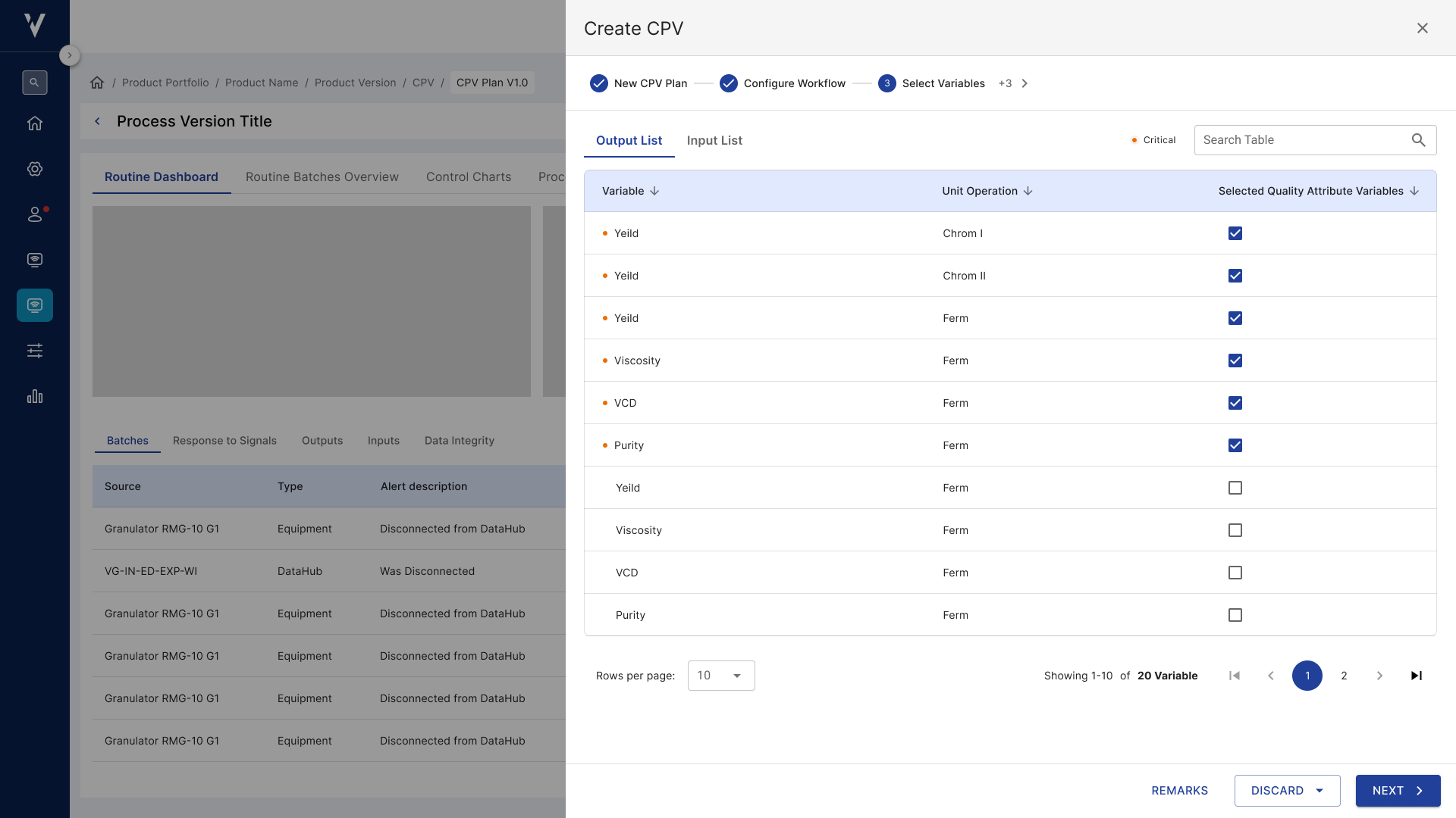 Create CPV wizard, step 3: output list with critical variables flagged and selectable